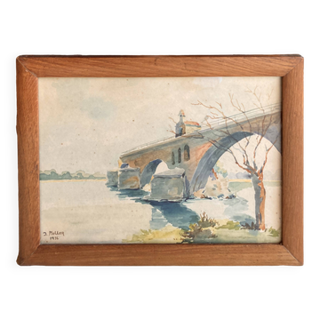 Watercolor landscape by J. Muller: the Saint-Nicolas Chapel of the Saint-Bénézet bridge in Avignon 1936