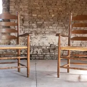 Pair of Dutch oak ladderback armchairs with rush seats – 1960s