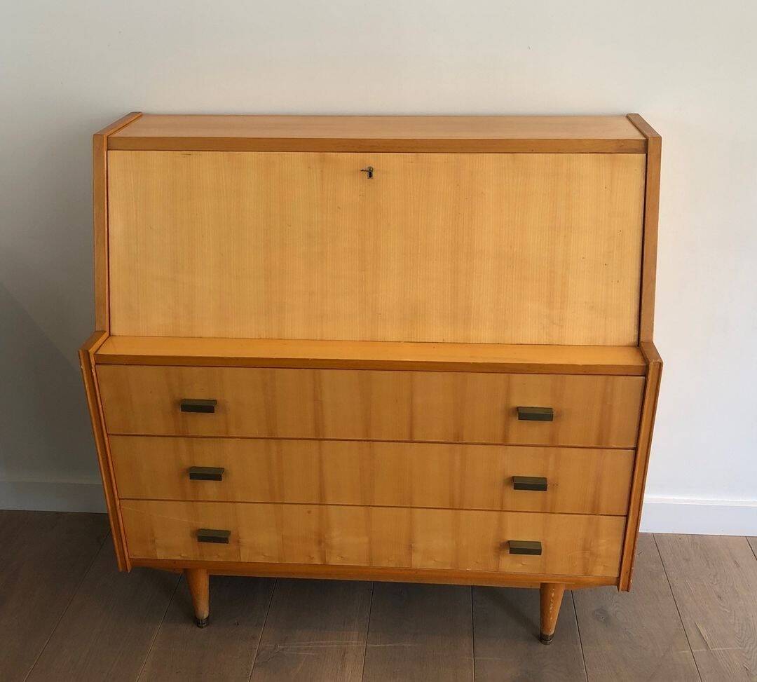 Secretary in Sycamore with Bronze Handles, French Work