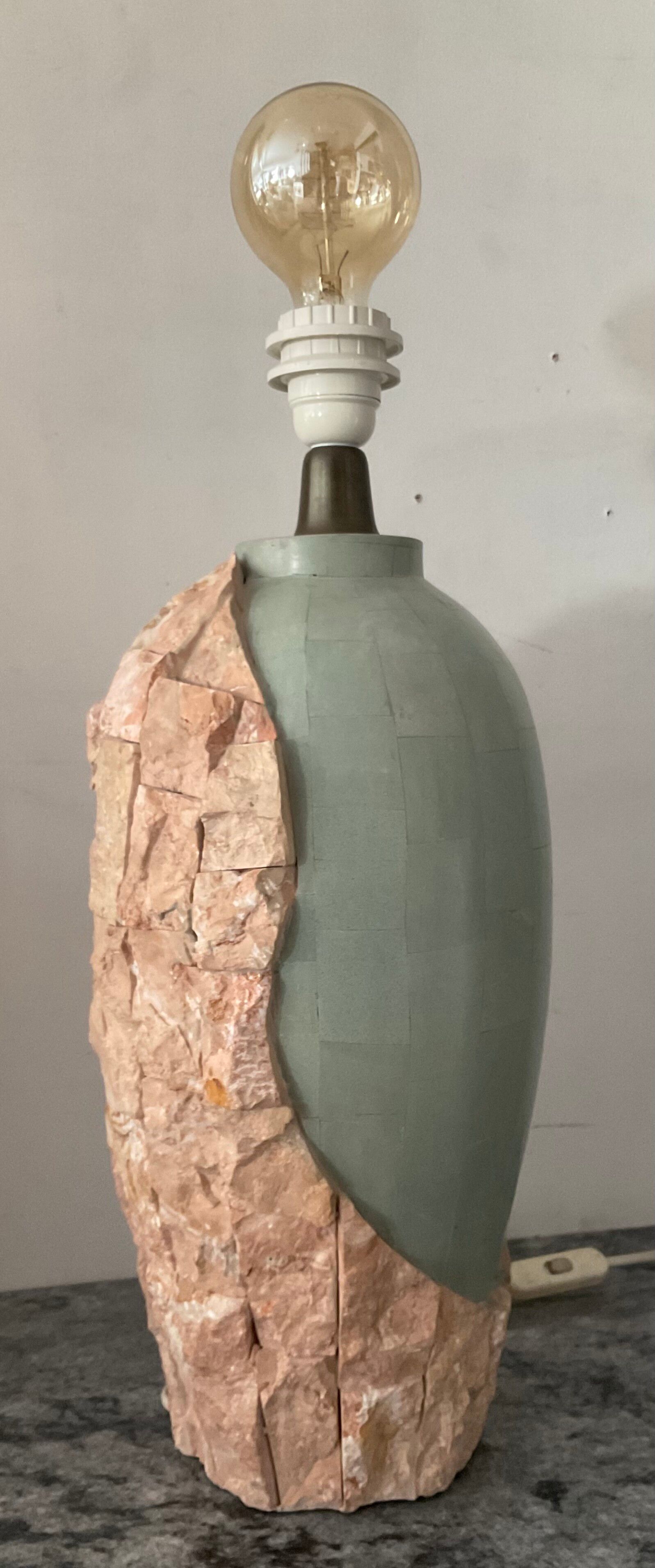 Vintage lamp base in Mactan stone and green marble.