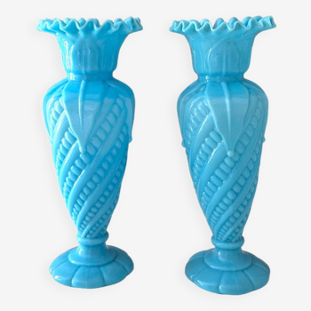 Set of 2 Victorian opal glass vases blue