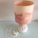 Ovoid lamp in carved stone and printed lampshade / vintage 60-70s