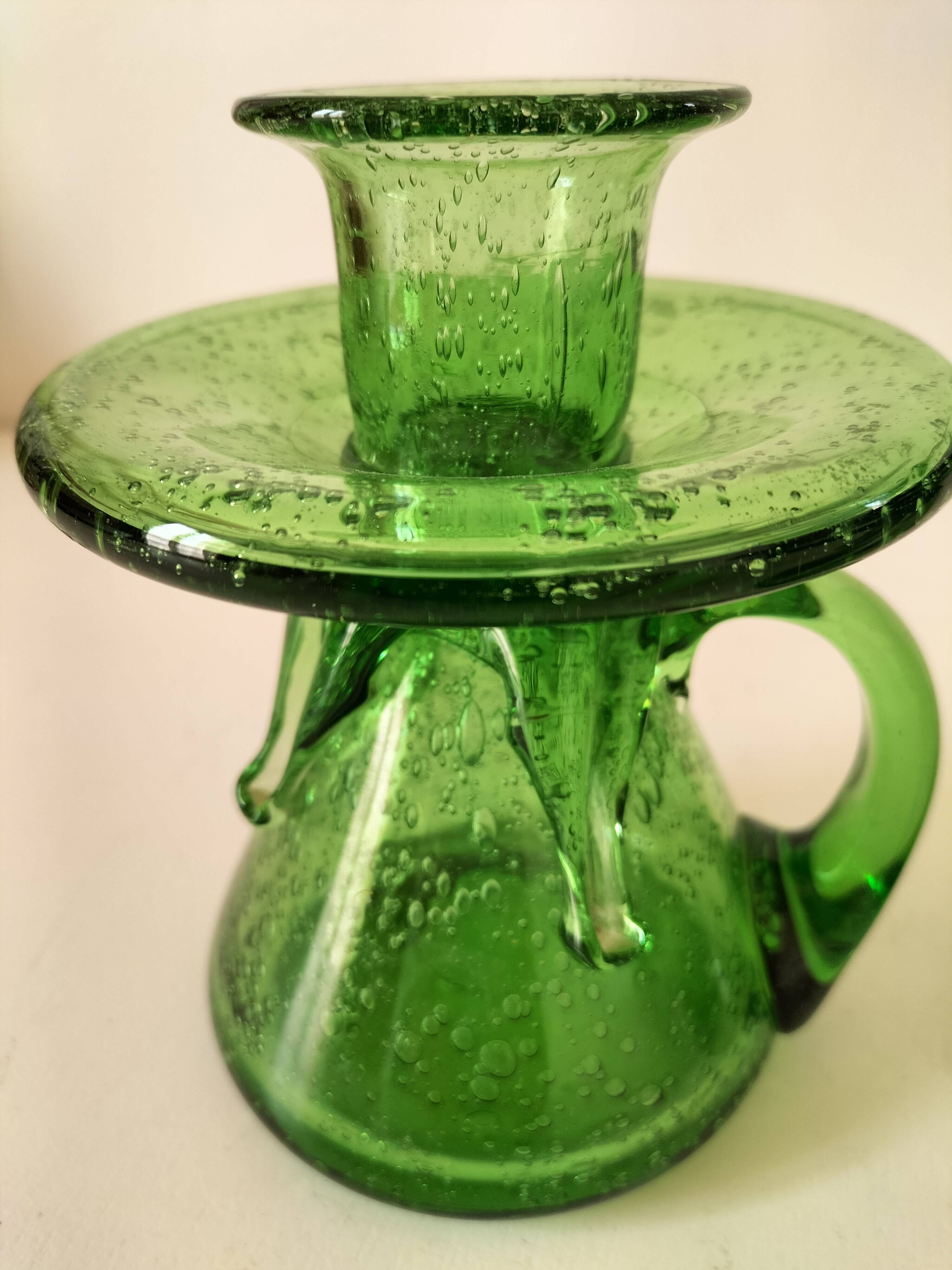 Duo de bougeoirs en verre bullé vert – Verrerie de Biot