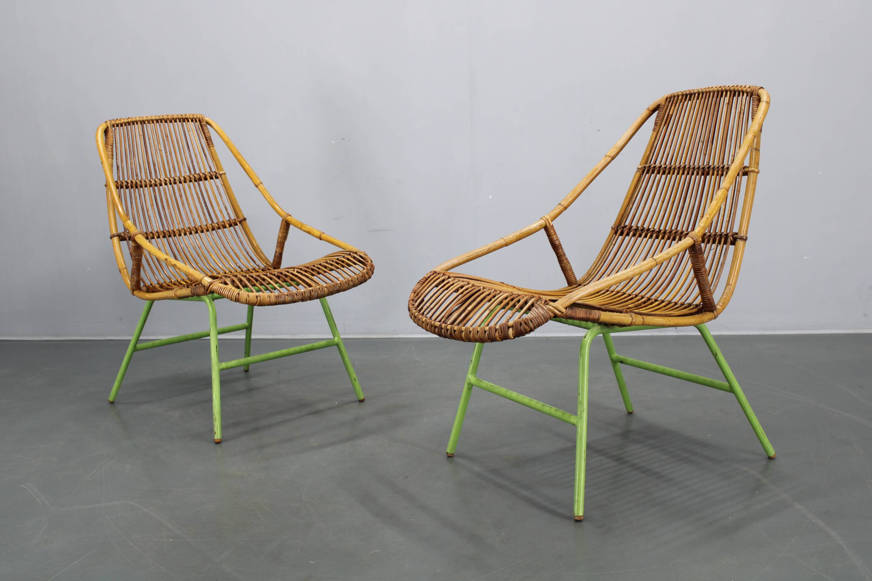 Rare pair of Alan Fuchs for ULUV rattan lounge chairs, Czechoslovakia, 1960s