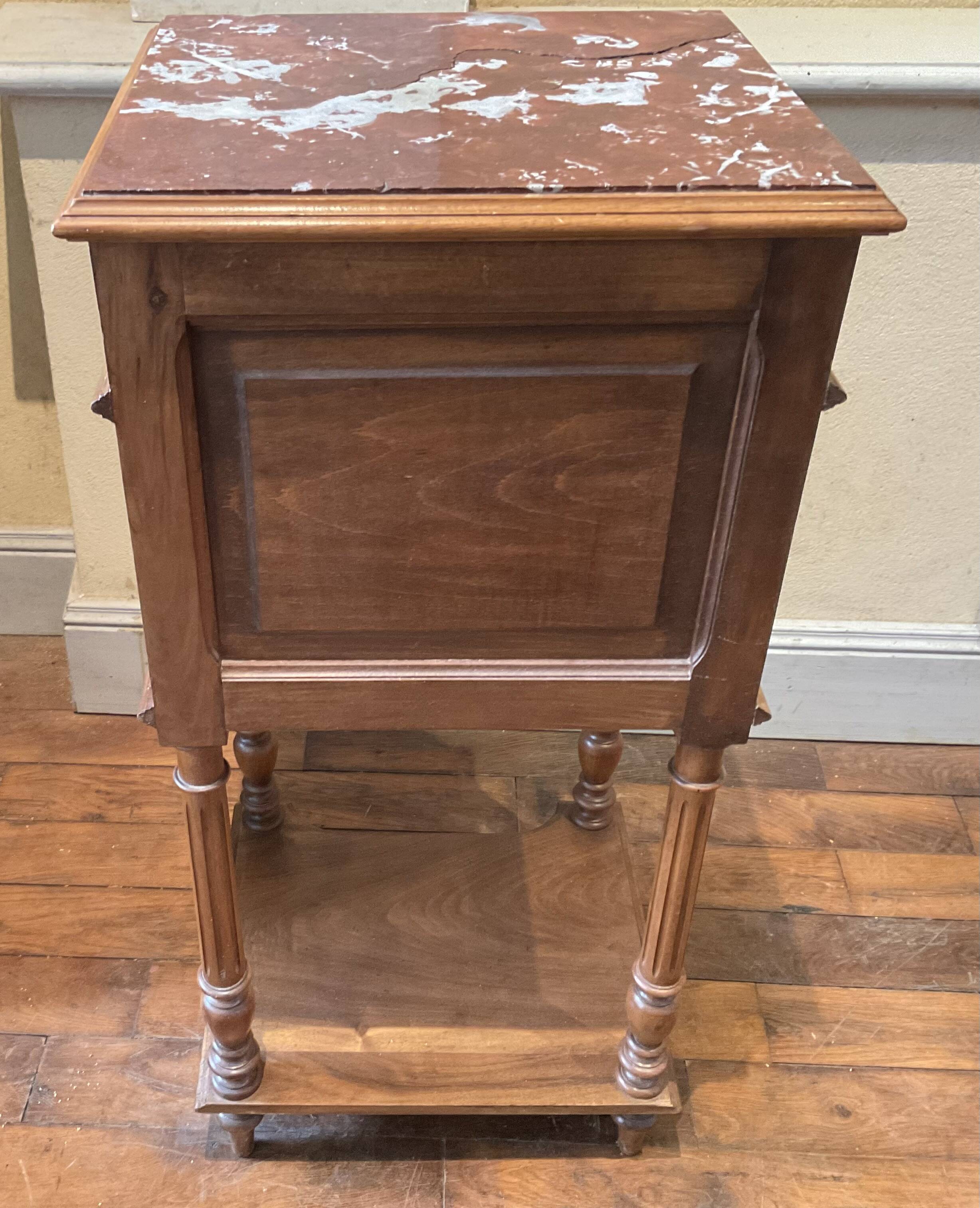 Old Henry II style bedside table in walnut with pink marble top, 19th century