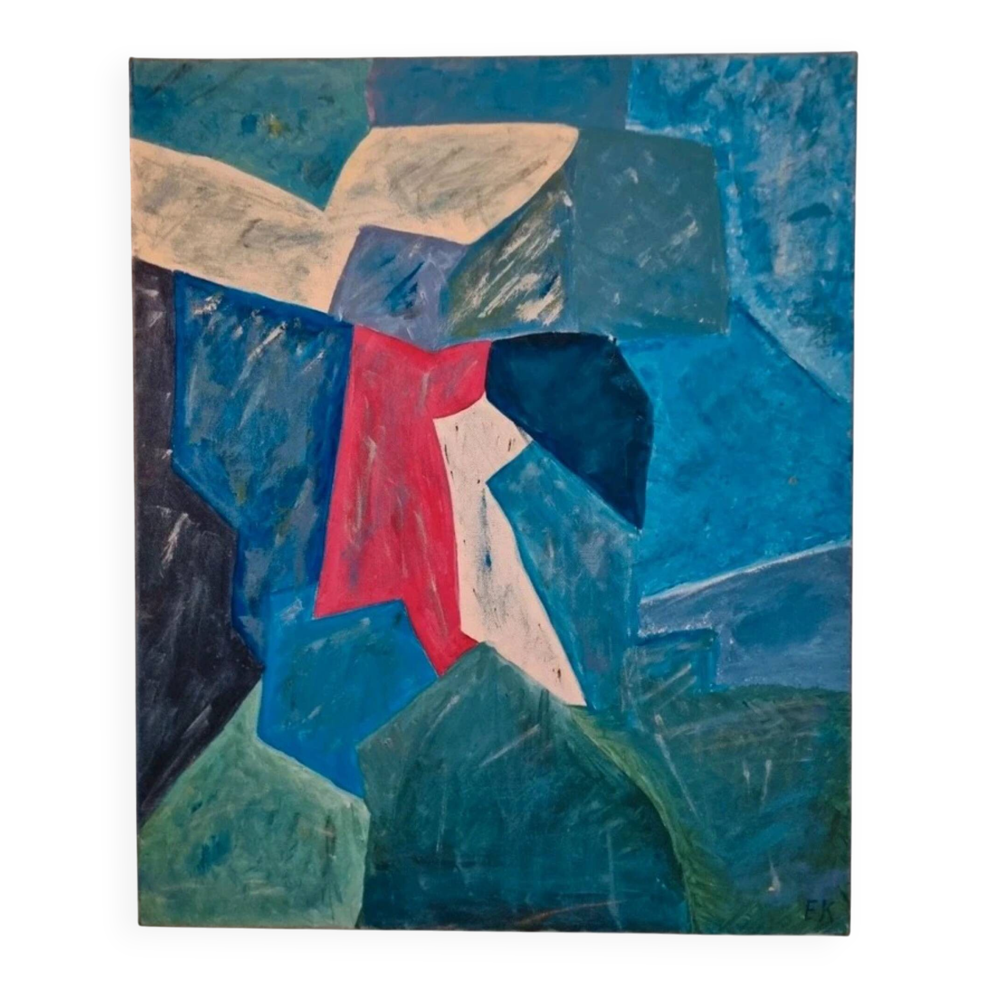 Abstract table blue green red 60x50 cm painting signed