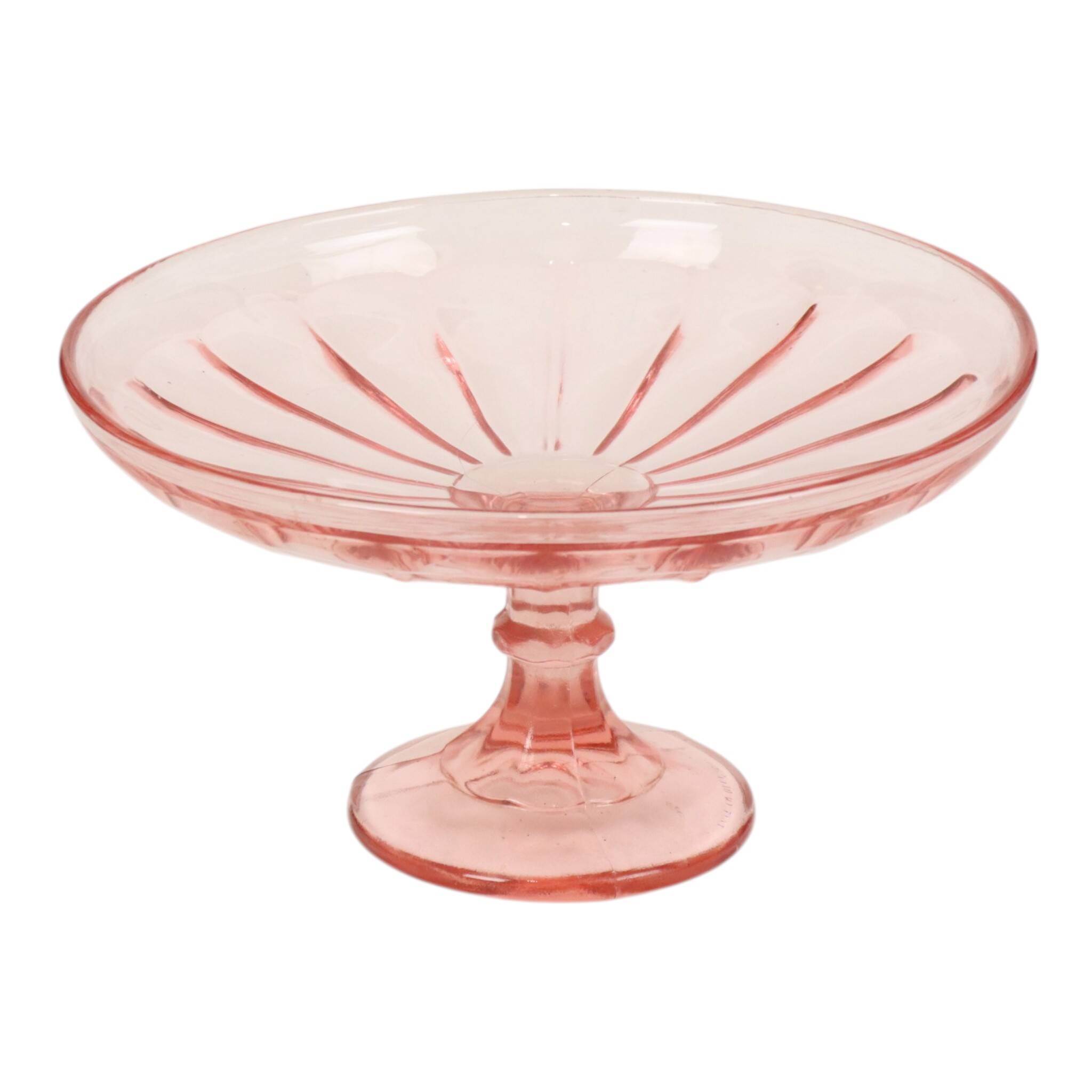Bol à fruits haut Art Déco rose en verre dépression 28 cm