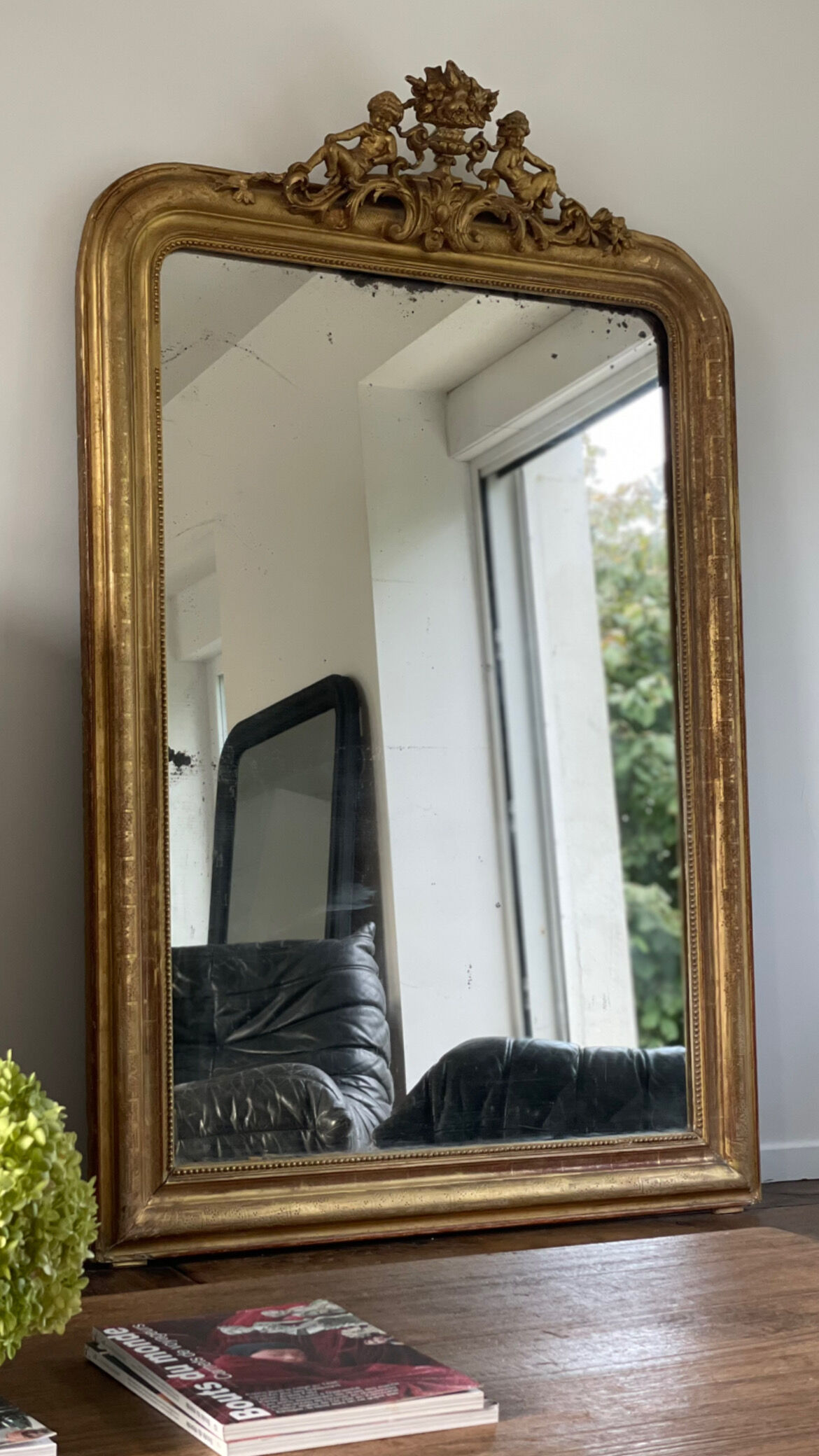 Old mirror louis Philippe gilded gold leaf pediment angels