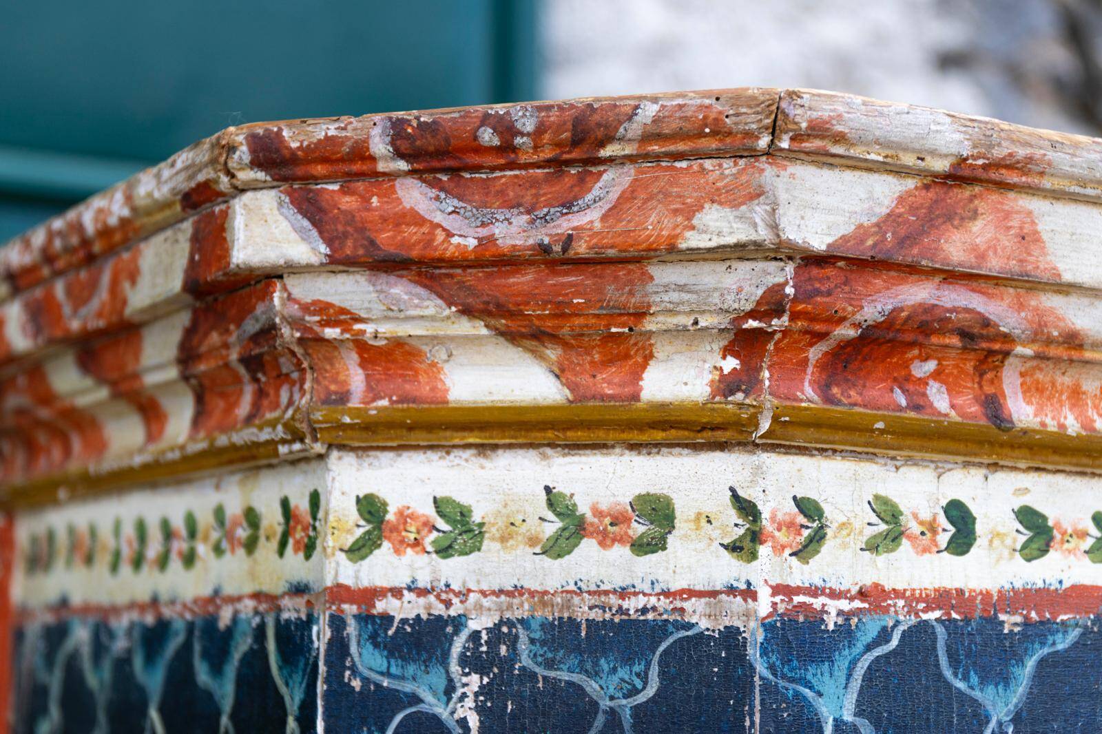 Antique hand-painted Baroque chest folk art cabinet dated solid wood Central Europe, 1865