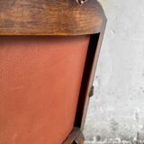 Brutalist dark brown solid wood armchair with natural rattan seat and cognac leather back