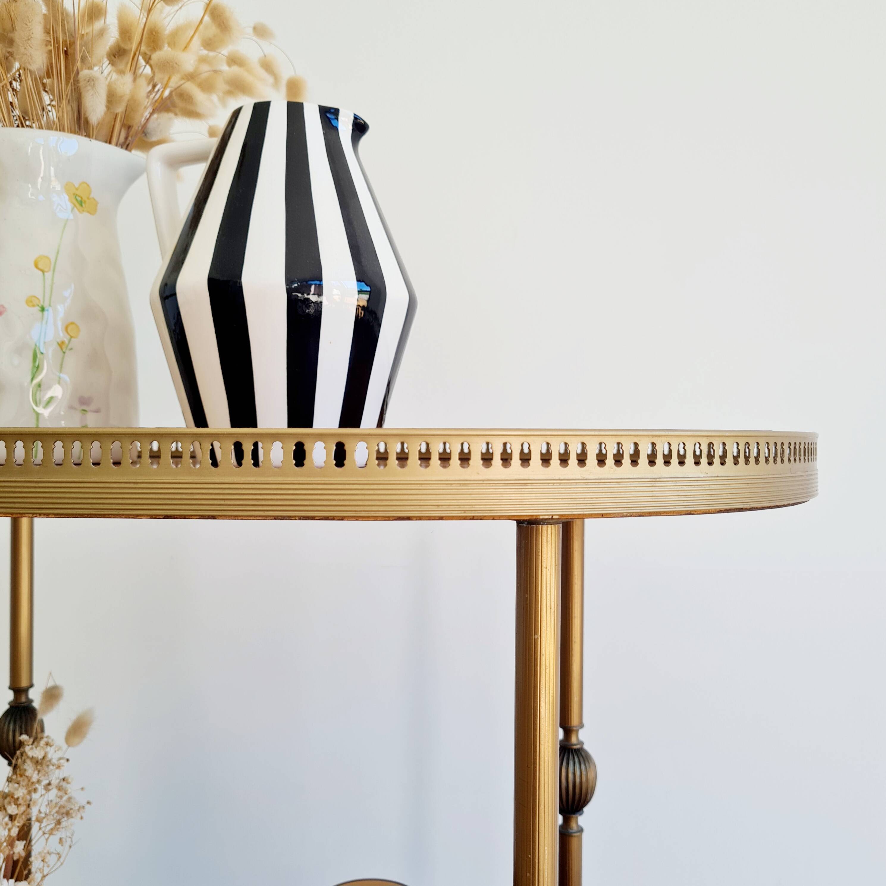 Antique brass rolling oval tray trolley