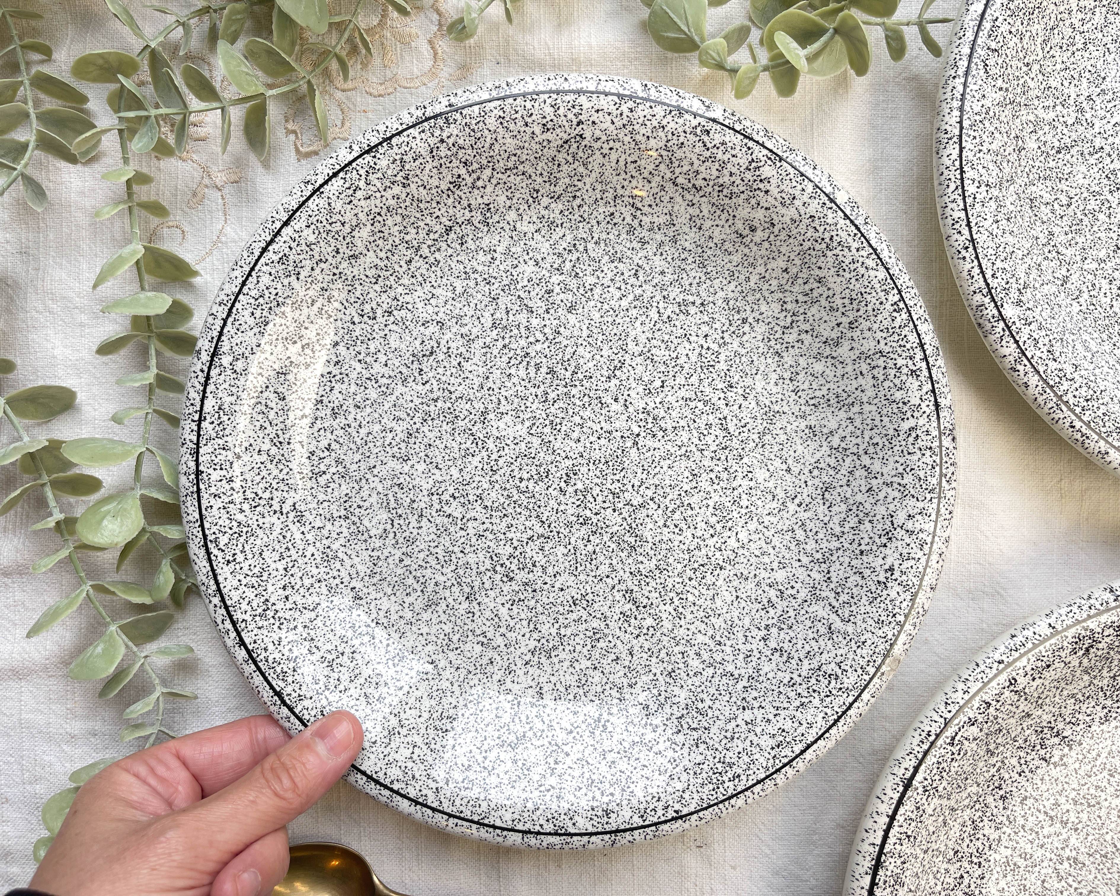 3 Black and white speckled Italian earthenware plates