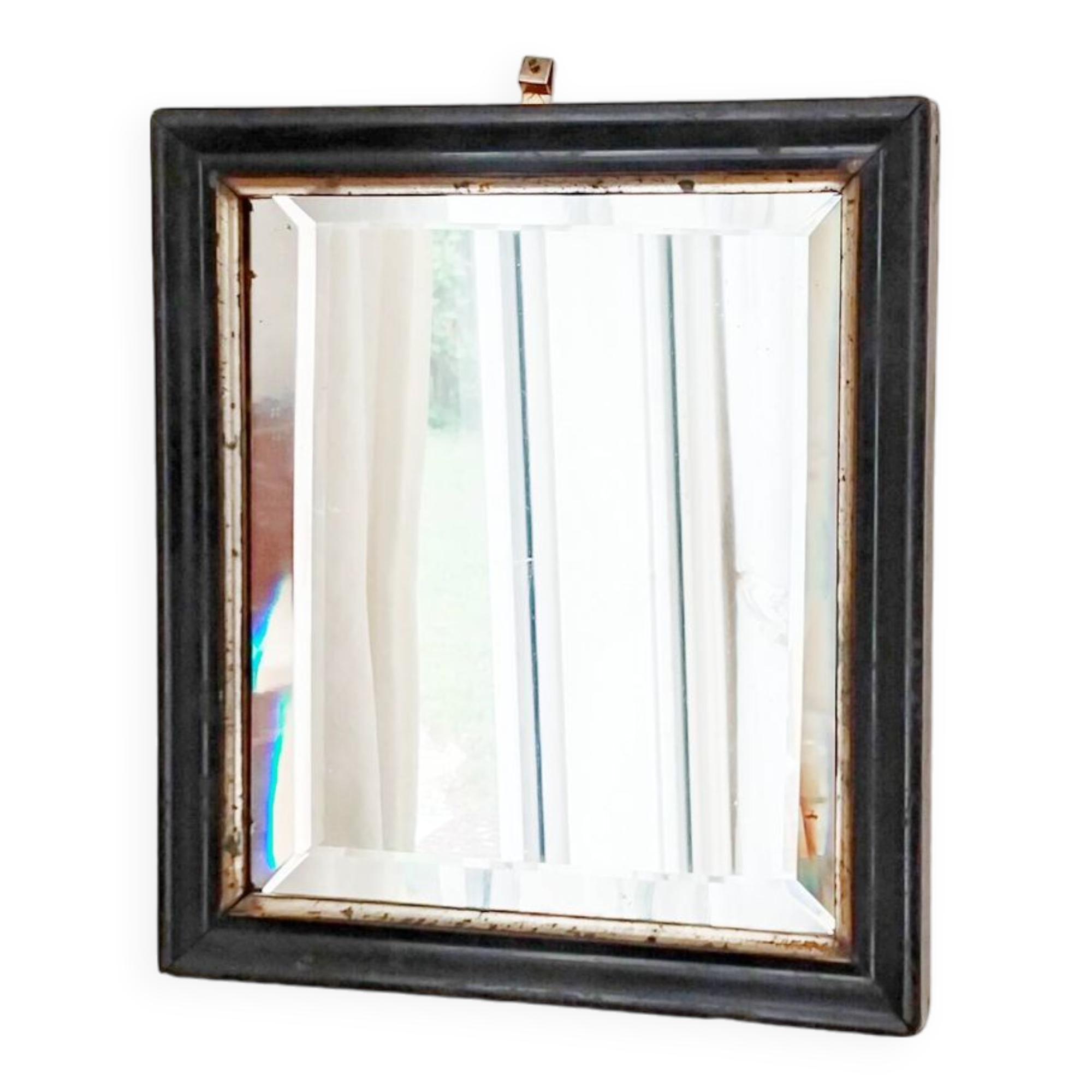 Antique Napoleon III beveled mirror, black and gold