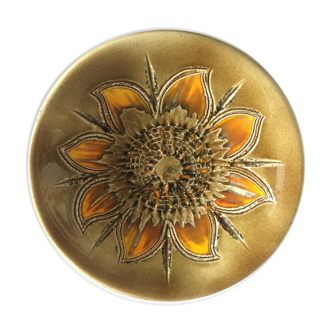 Plat céramique émaillée tournesol la Poterie Périgourdine, années 1950/1960