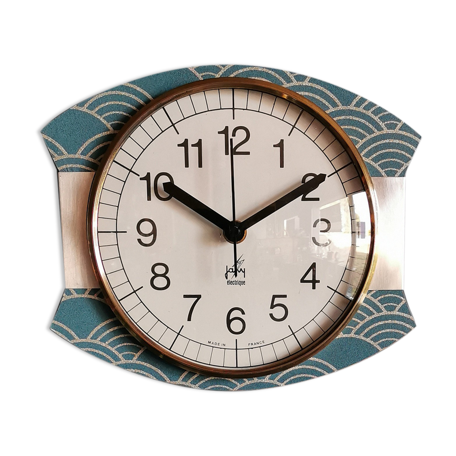 Vintage clock silent rectangular wall clock Japy blue silver