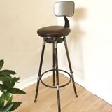 Chaise de bar vintage en métal faite à la main : siège pivotant en cuir à hauteur réglable