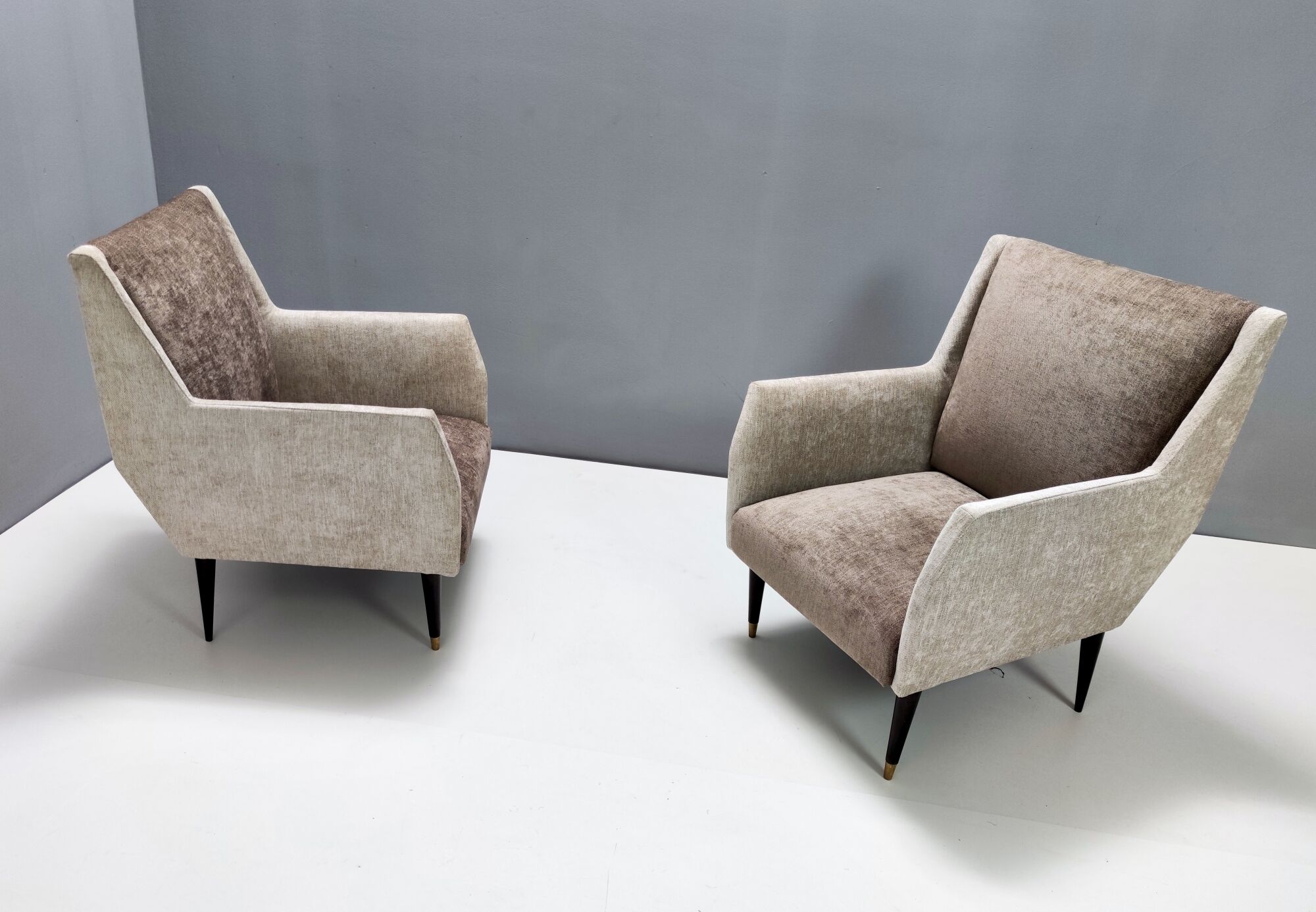 Pair of pearl grey and taupe velvet armchairs, italy