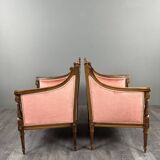 Paire de fauteuils bergères de style Louis XVI en bois sculpté, velours, XX