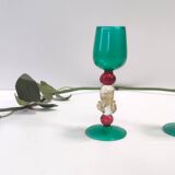 Postmodern Pair of Teal, Red and Gold Liqueur Glasses by Salviati, Murano, Italy