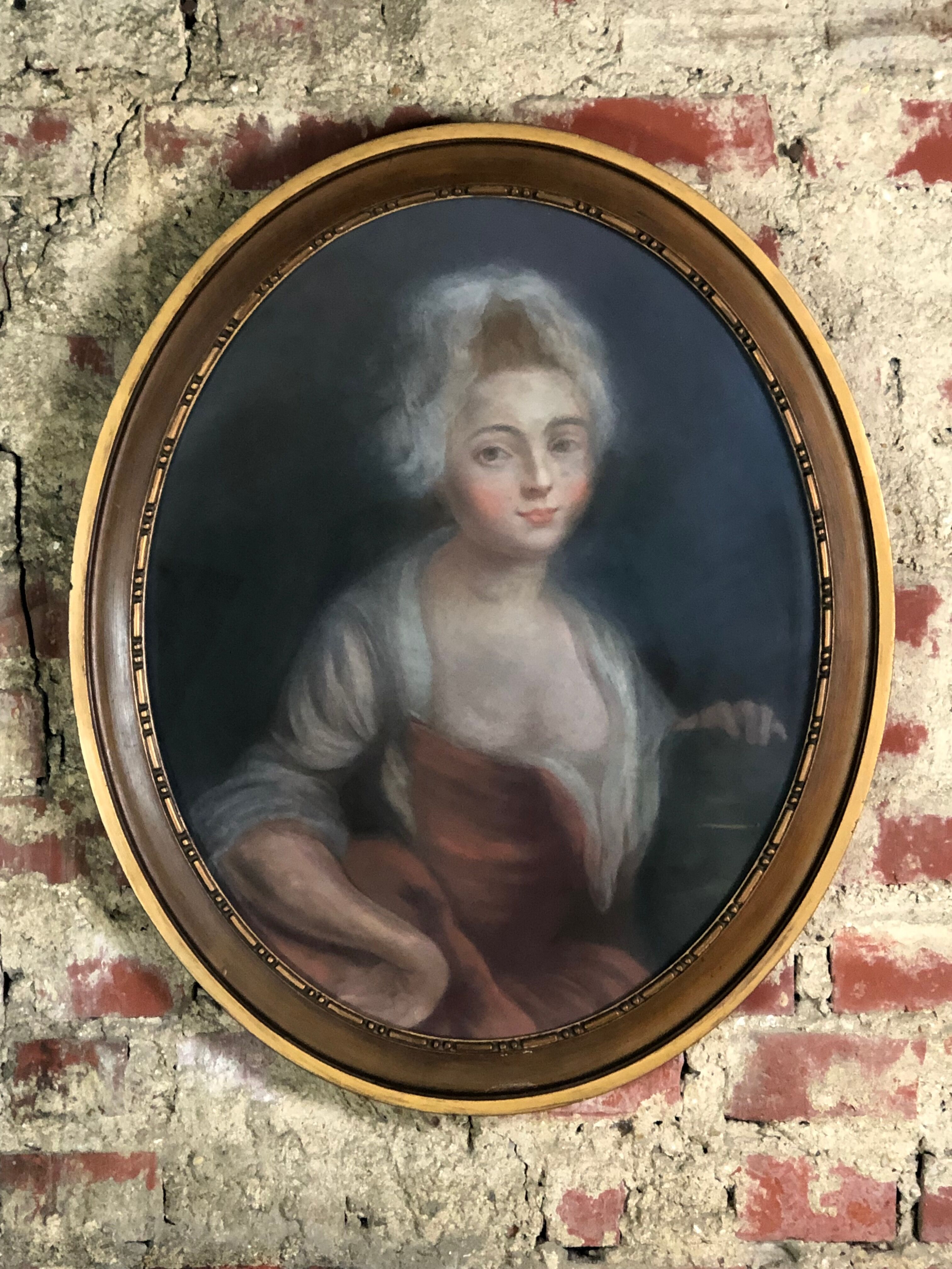 Painting / Pastel on cardboard "portrait of woman" framed under glass