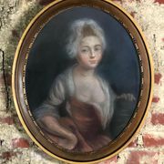 Painting / Pastel on cardboard "portrait of woman" framed under glass