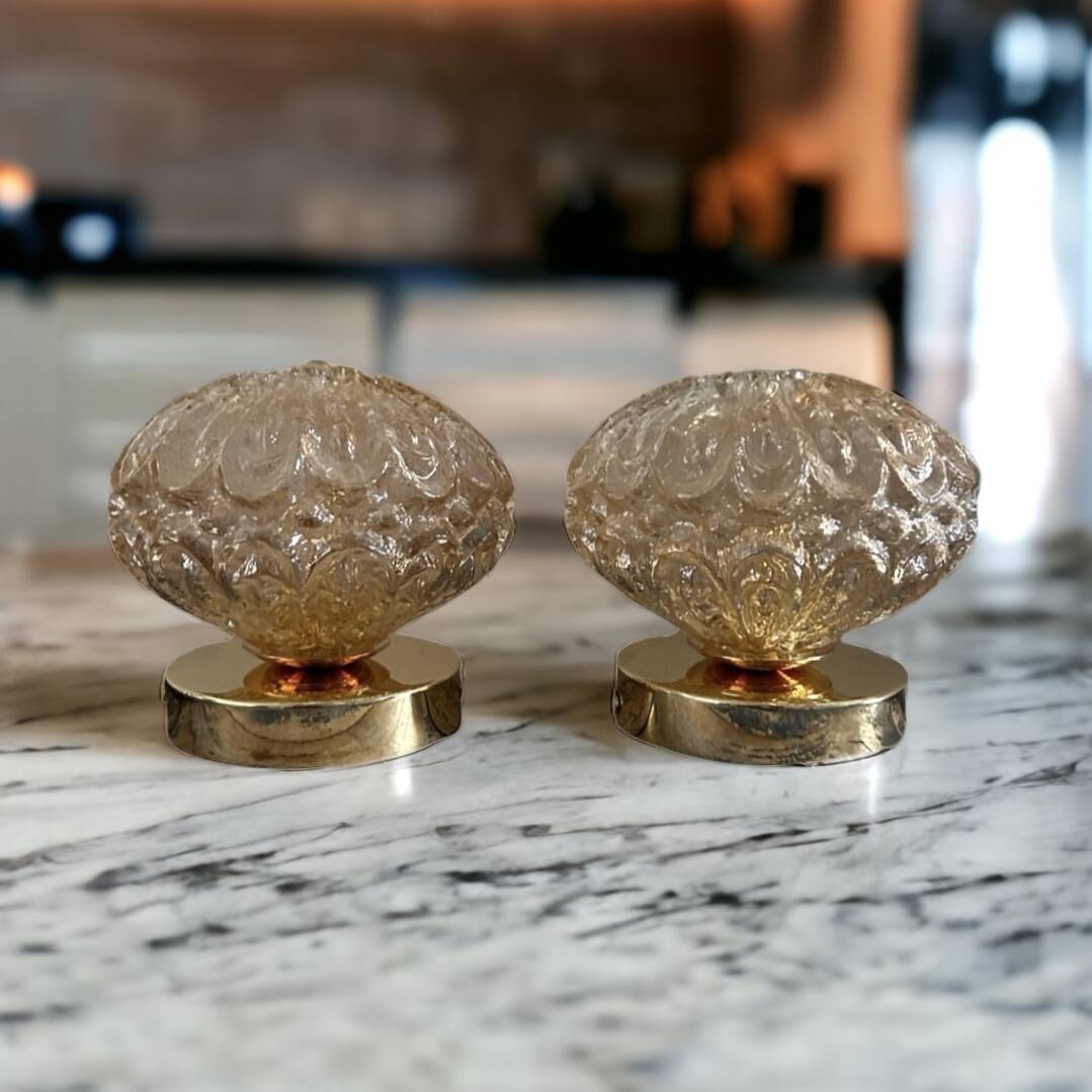 Set of two vintage amber glass wall lights