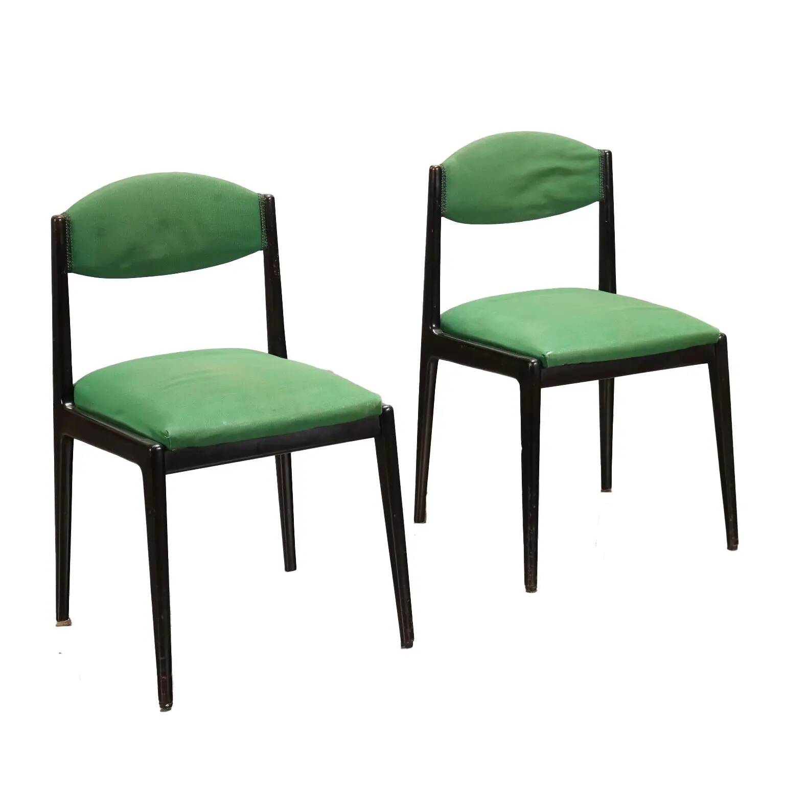 Vintage 1960s ebony wood chairs, foam padding, fabric.