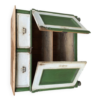 Antique pine wardrobe painted ivory and green, rustic style, late 19th - early 20th century, Czech Republic.