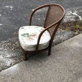 Vintage brown armchair in floral fabric and mahogany wood, 1950s, low back.