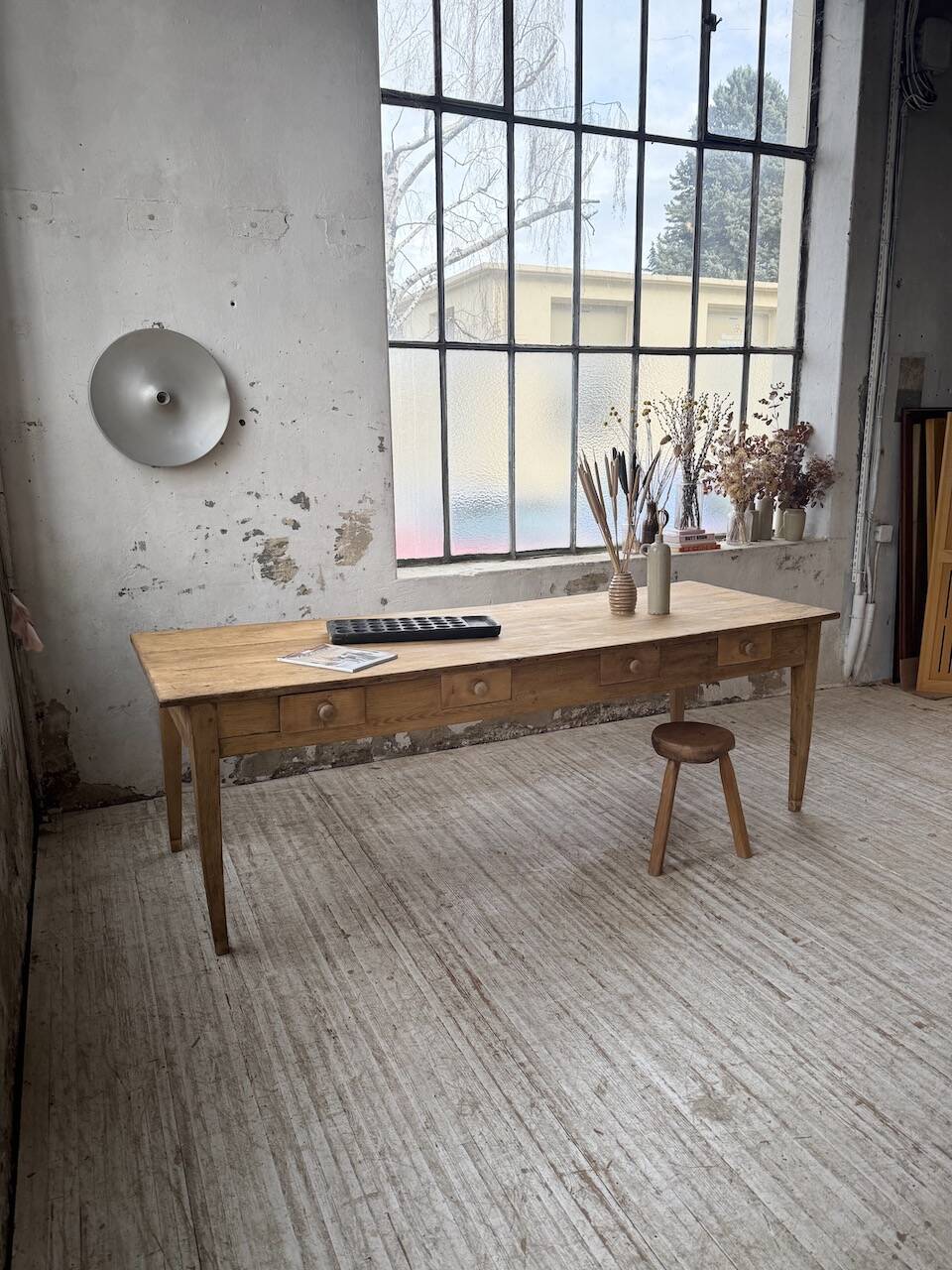 Pine and oak farmhouse table with multiple drawers, communal type, 240cm.