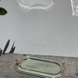 Flat silver metal tray with duck and toast