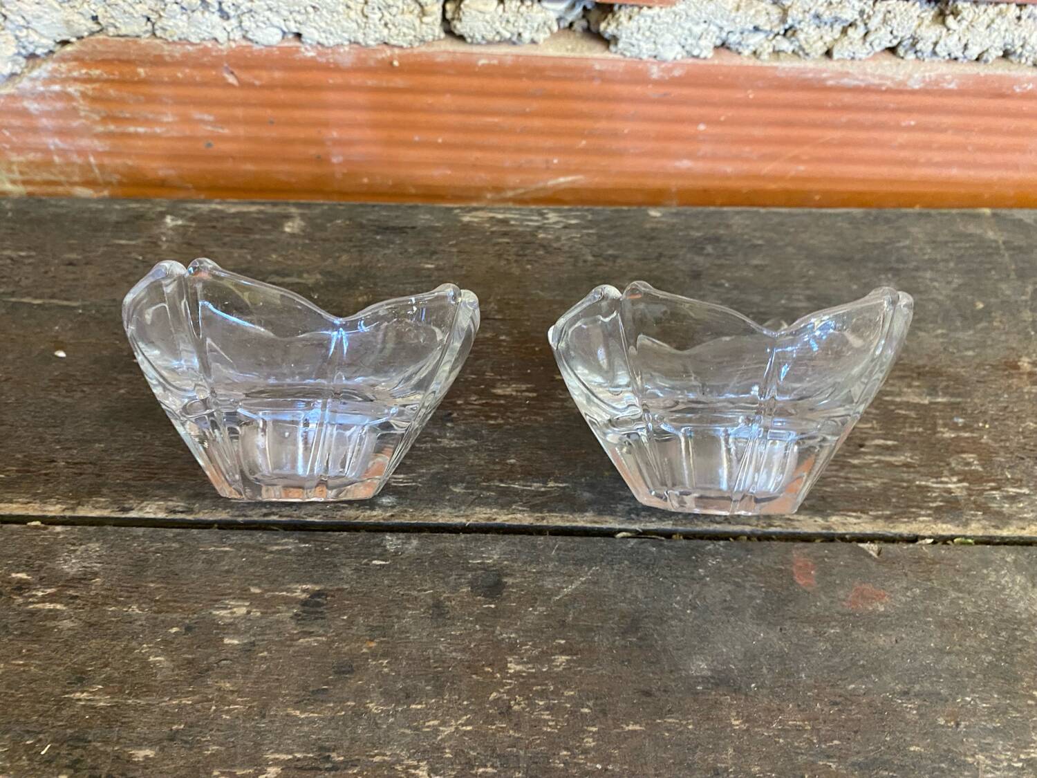 Paire de bougeoirs ancien design verre moulé forme pétale vintage #d829
