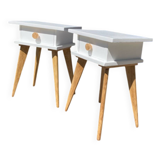 Pair of vintage bedside tables with high compass legs and top design