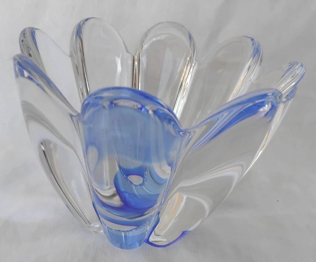 Orrefors Mayflower - Vase 8 Pétales De Cristal Reflets Bleus Vintage