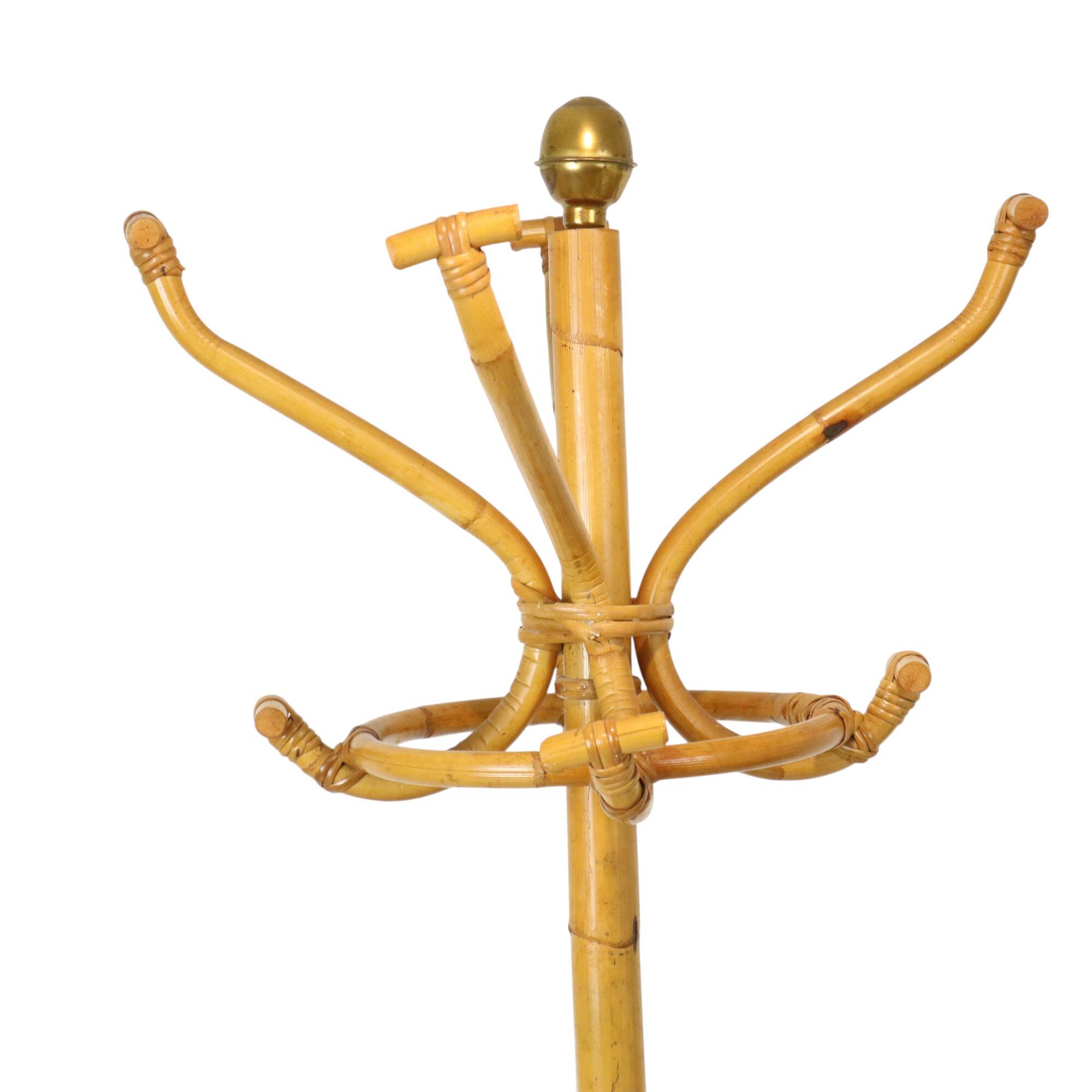 Rare grand porte-manteau sur pied en rotin et laiton style bohème 185 cm
