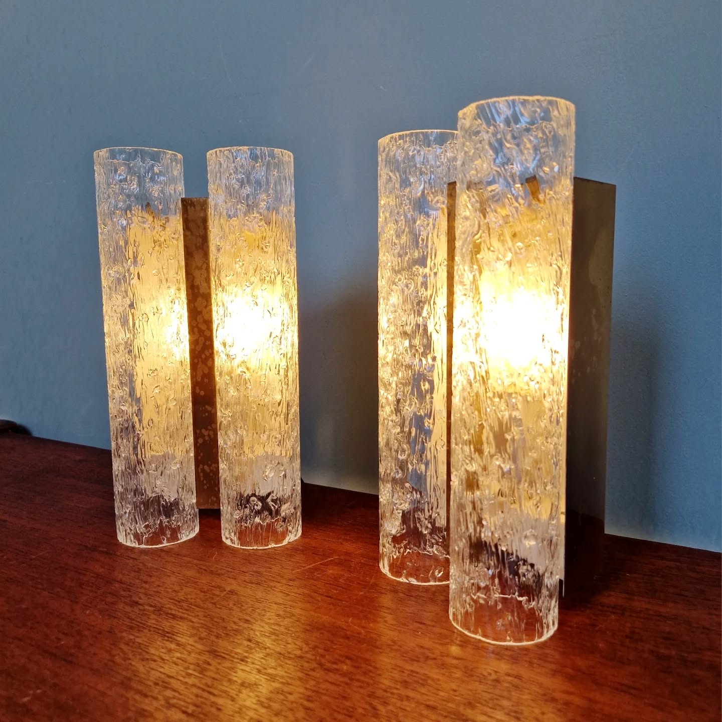 Pair of wall sconces in brass and frosted tubular glass, Doria, 1960-70.