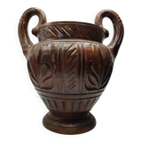 Urne vintage en terre cuite sculptée à la main - Deux anses et motifs floraux
