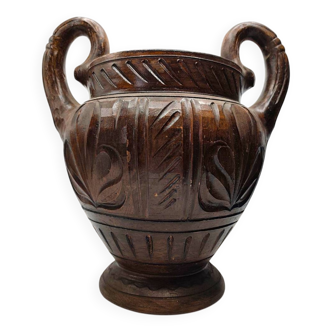 Urne vintage en terre cuite sculptée à la main - Deux anses et motifs floraux