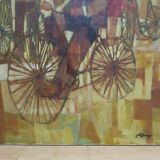 Tableau huile vintage cycliste sur son vélo Italie milieu 20ème siècle signé tableau XM