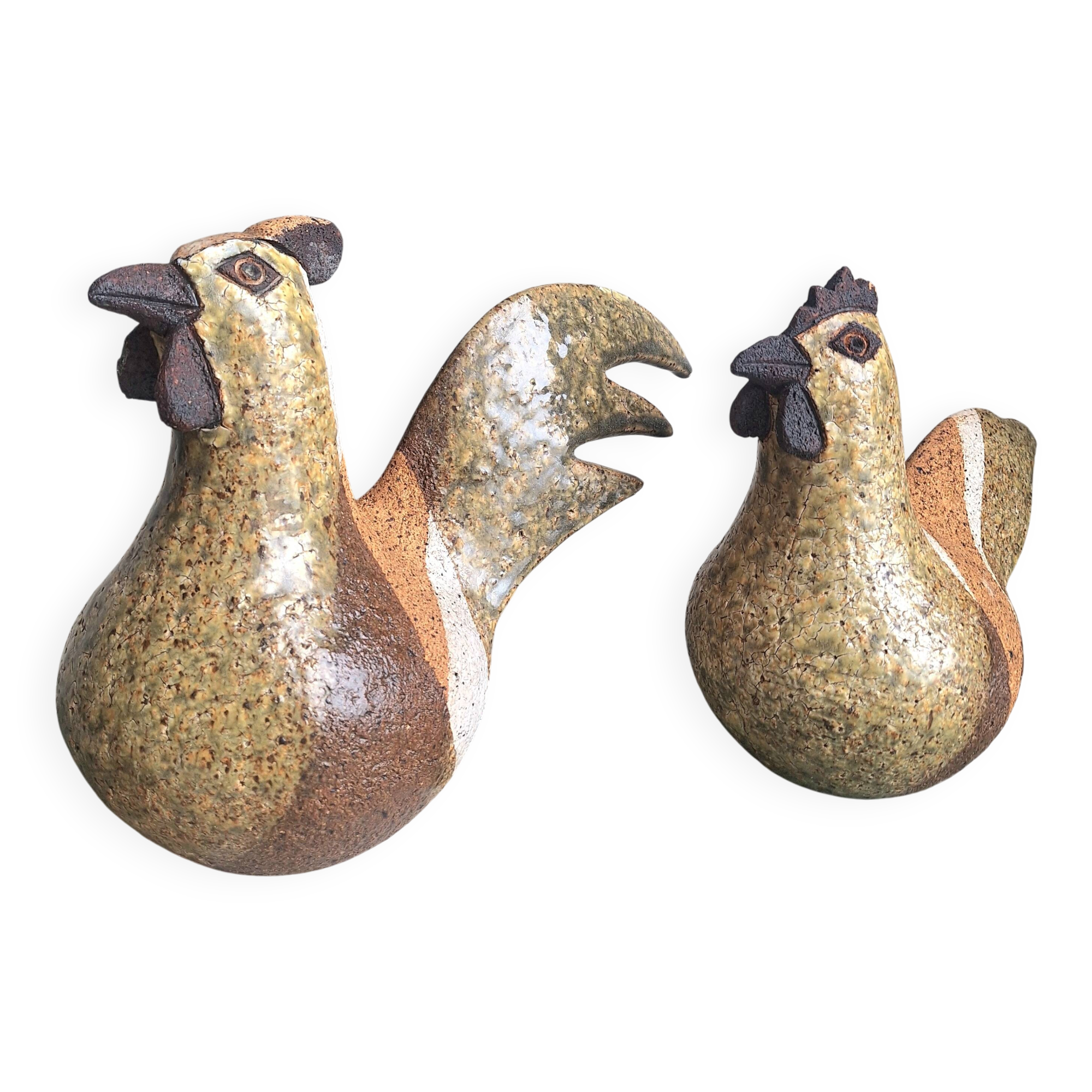 Paire de sculptures vintage coq et poule en grès, décoration artisanal