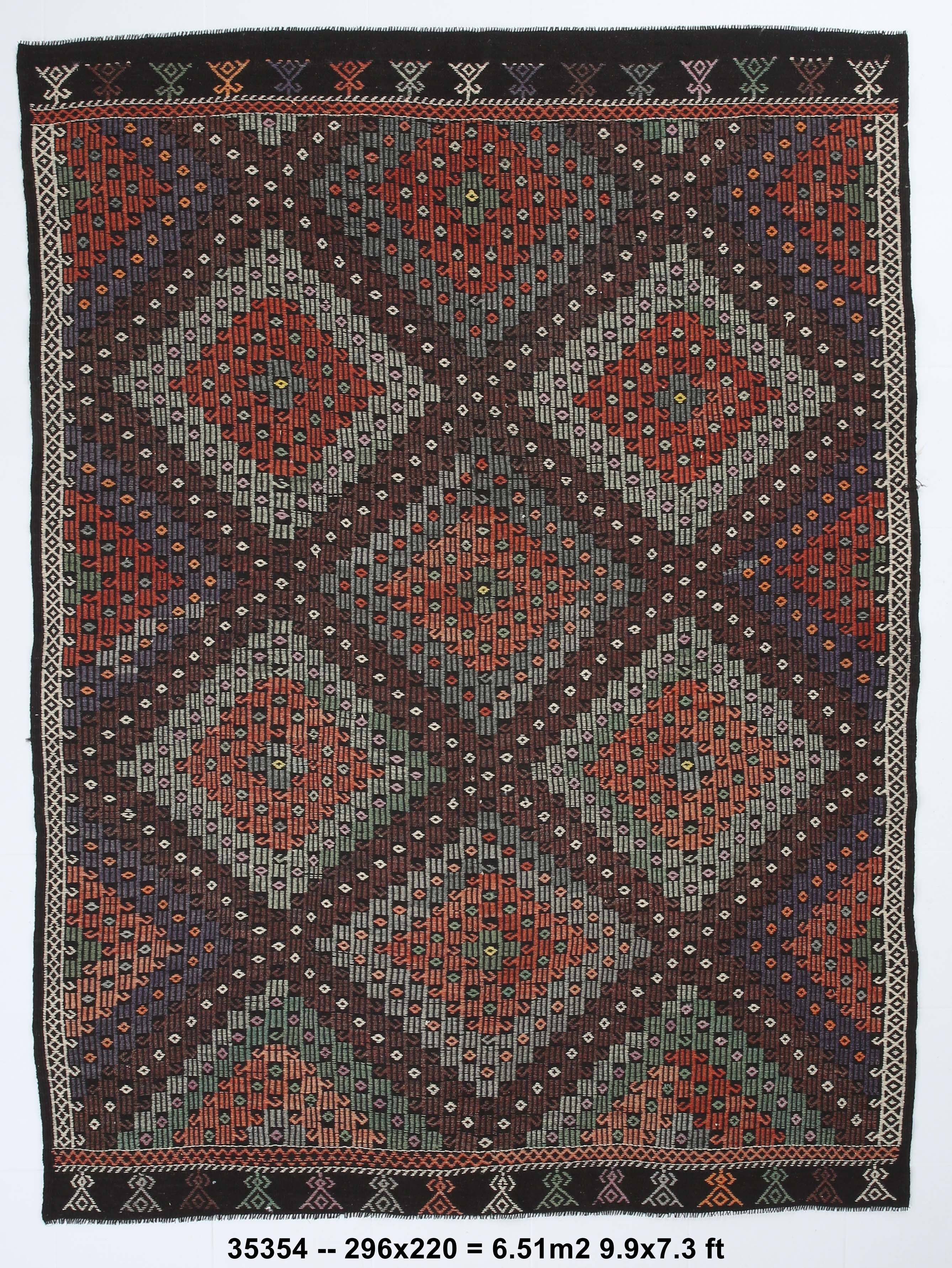 Tapis Kilim vintage fait main bordeaux et vert 7x10, 220x296 cm