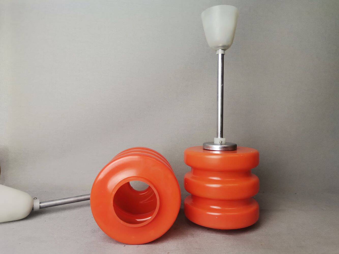 Pair Mid Century Modern MCM orange glass hanging lamps