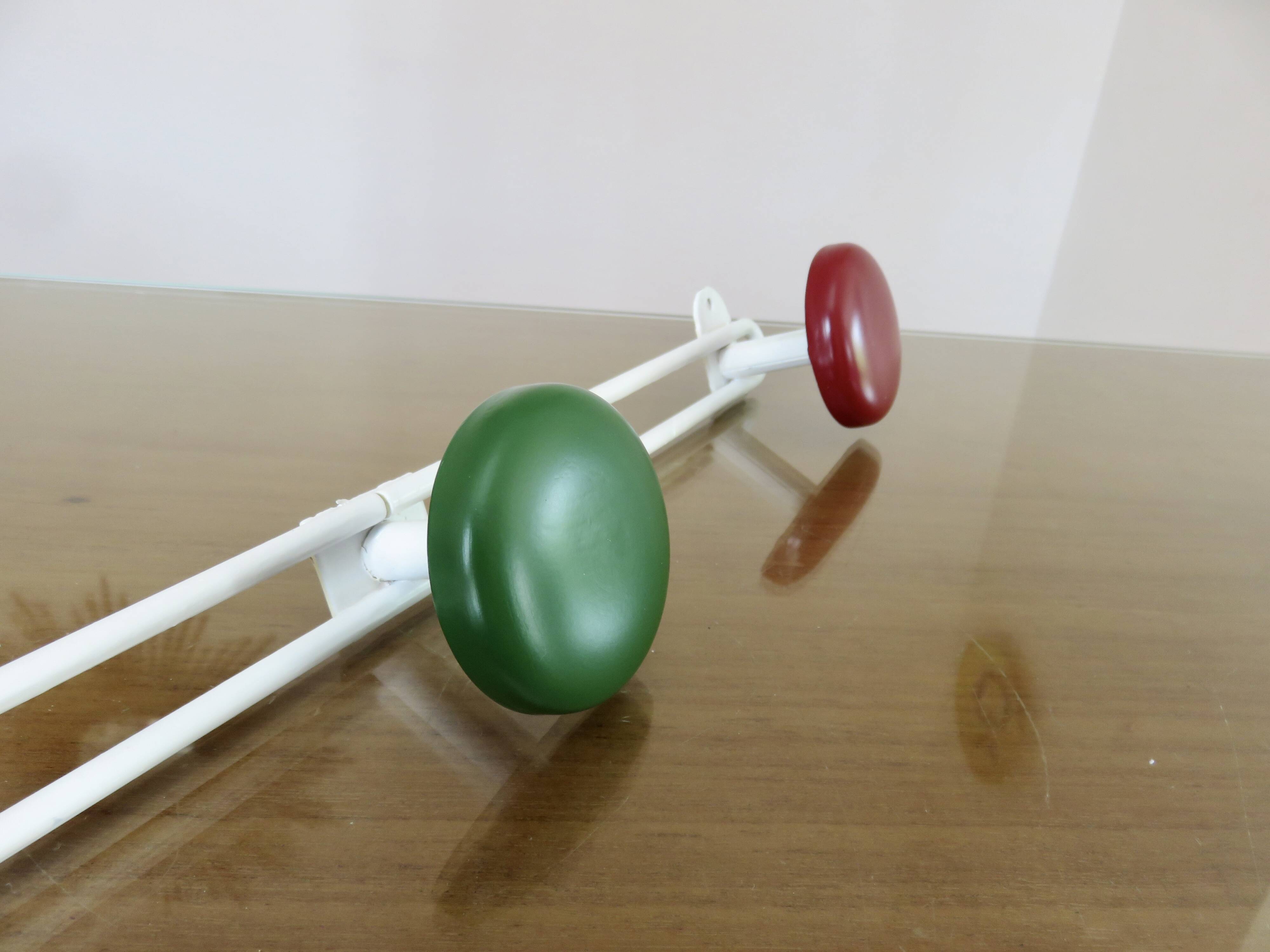Metal coat rack, 3 colored hooks from the 60s and 70s