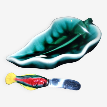Vallauris ravier beurrier et couteau poisson vintage en céramique coloré 1960-70