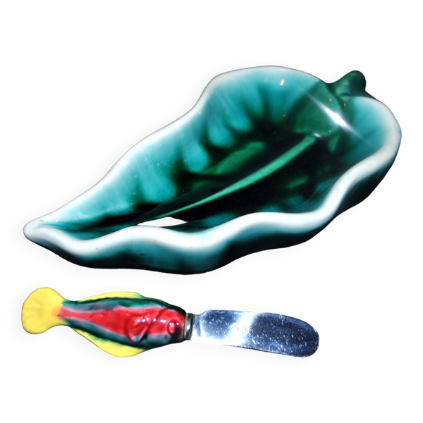 Vallauris ravier beurrier et couteau poisson vintage en céramique coloré 1960-70