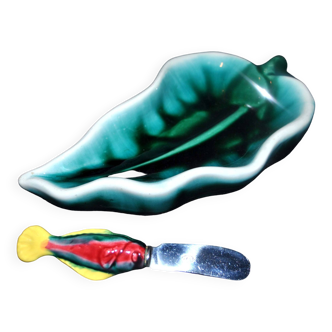 Vallauris vintage butter dish and fish knife in colored ceramic 1960-70