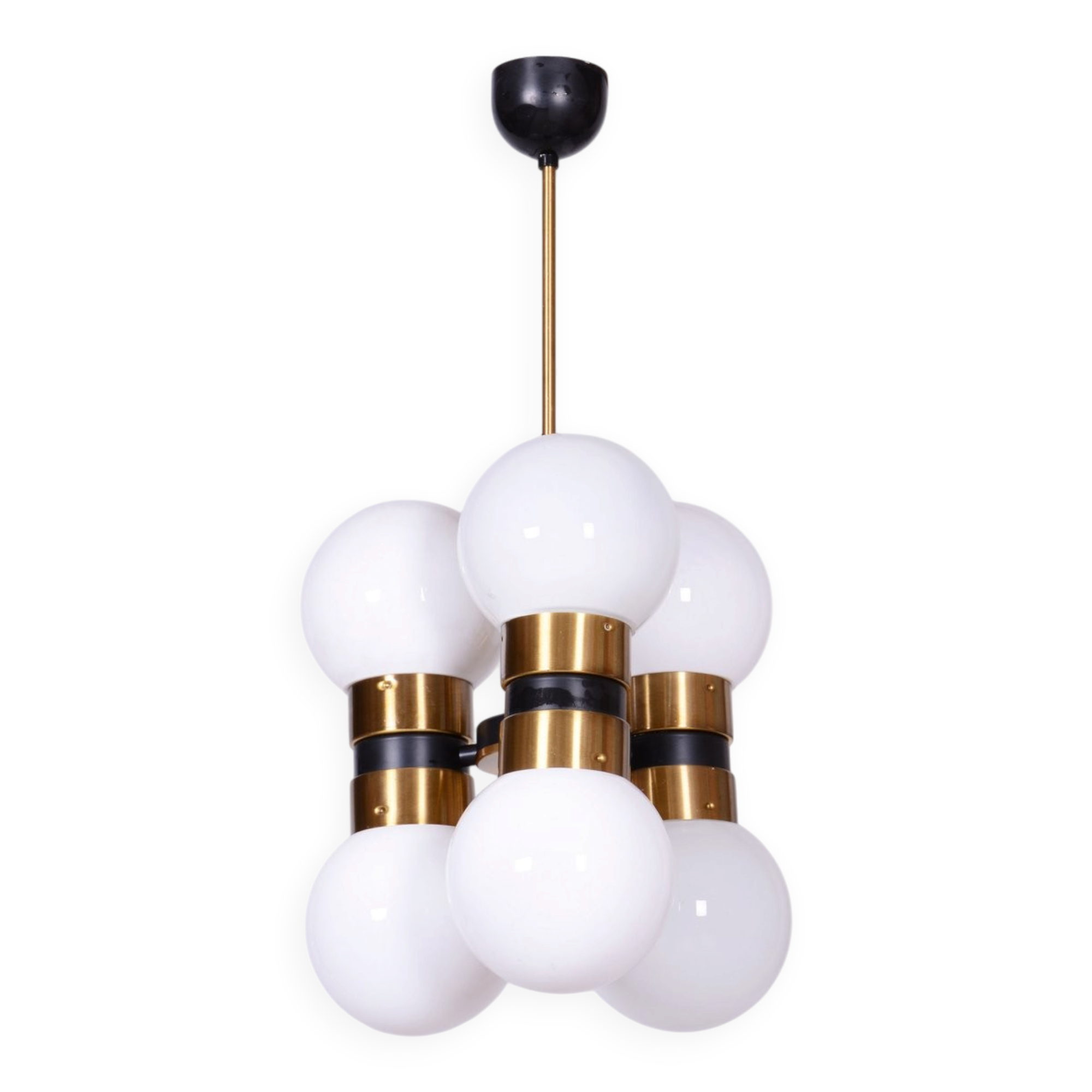 Mid-Century Chandelier in Brass and Opaline Glass, Czech, 1960s