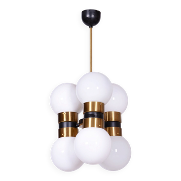 Mid-Century Chandelier in Brass and Opaline Glass, Czech, 1960s