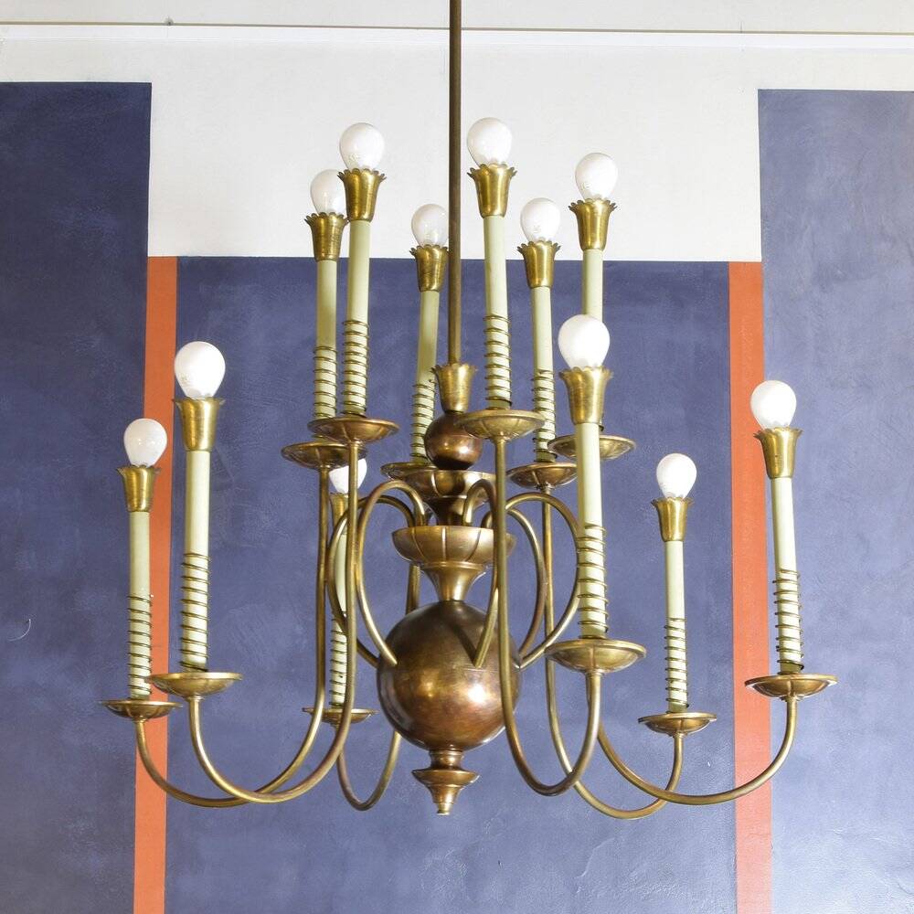 Chandelier with 12 lights in brass, Italy, 1950s