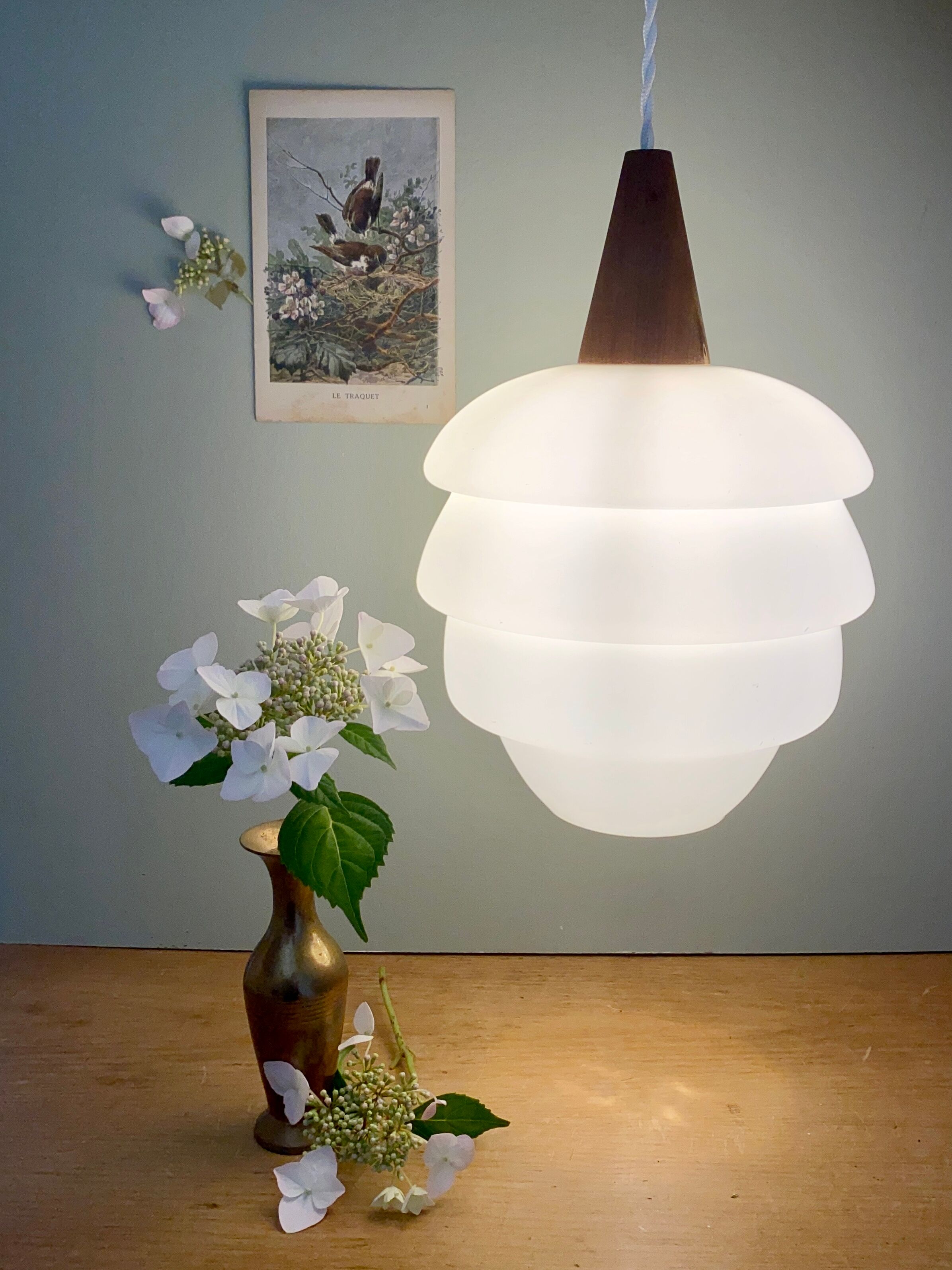 Vintage Scandinavian pendant lamp in teak and opaline